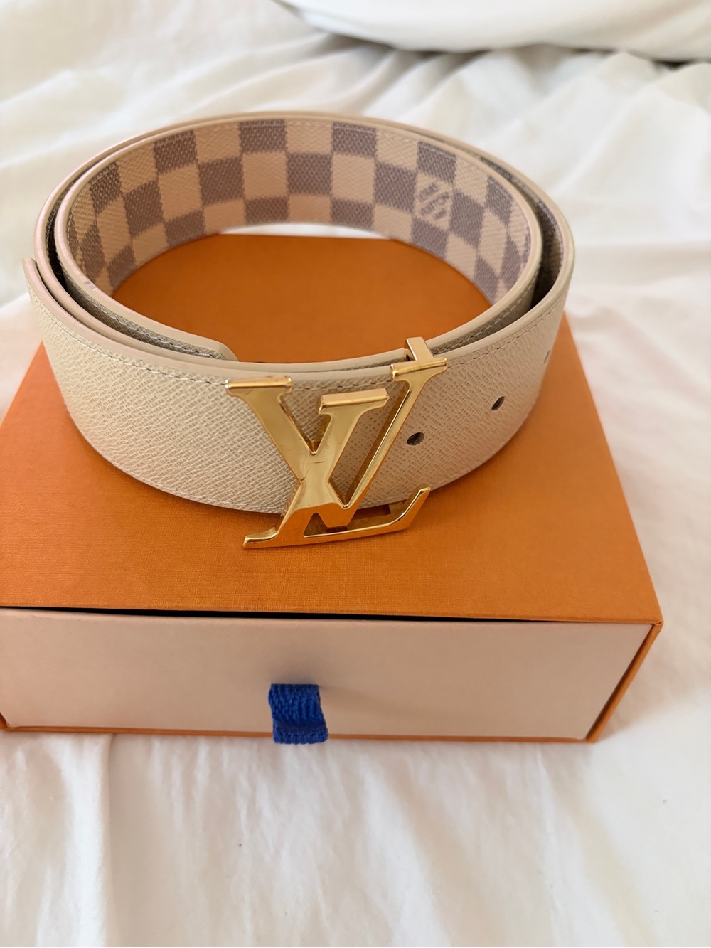 Louis Vuitton Cream Reversible Belt with Gold LV Buckle